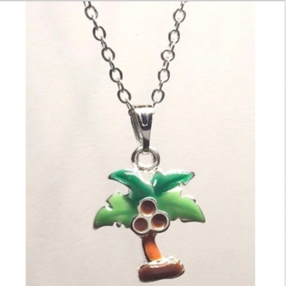 Palm Tree Necklace 19" Silver Plated Green Enamel Beach Island Coconut Tropical - Picture 7 of 9